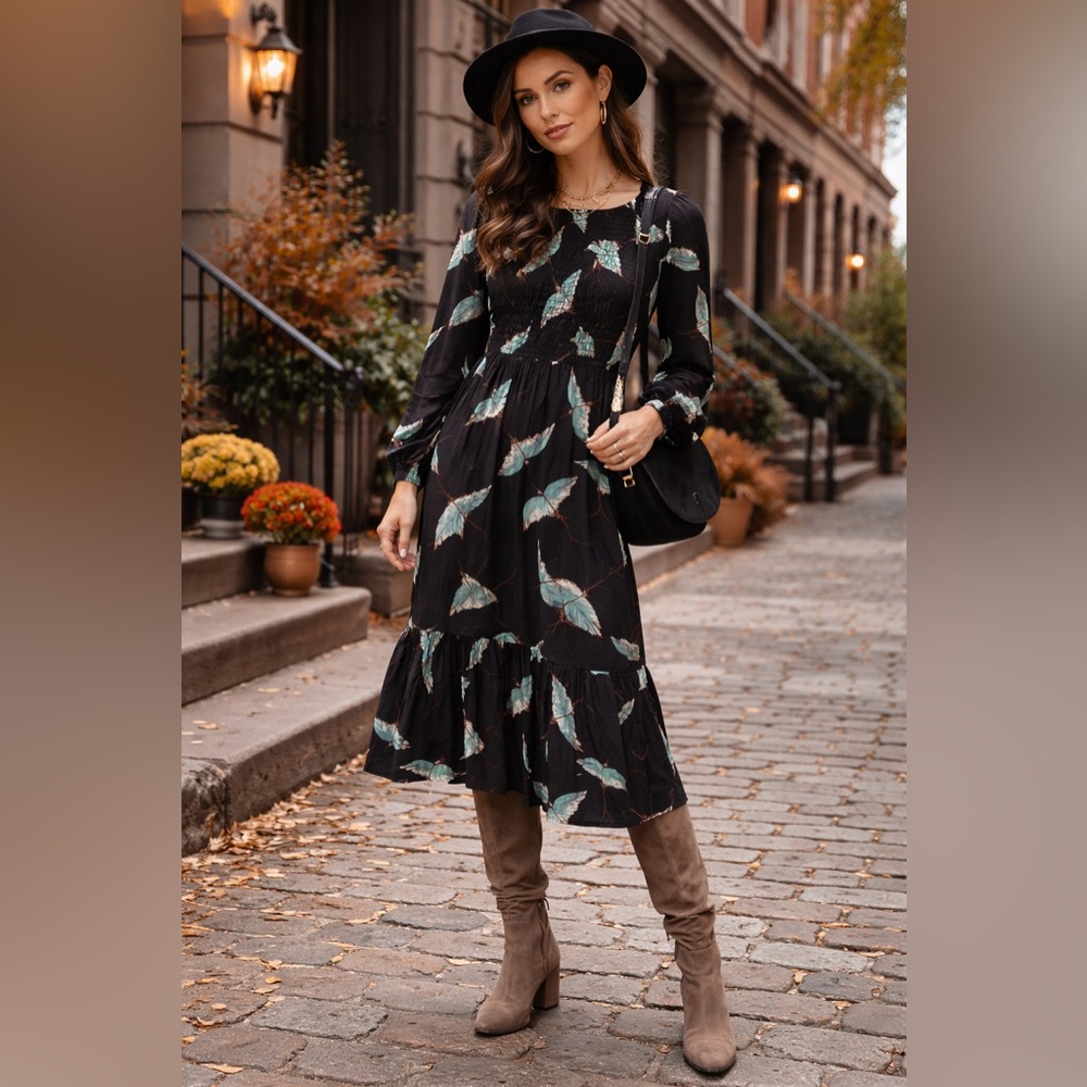Never Fully Dressed Black Midi Dress with Teal Leaf Print